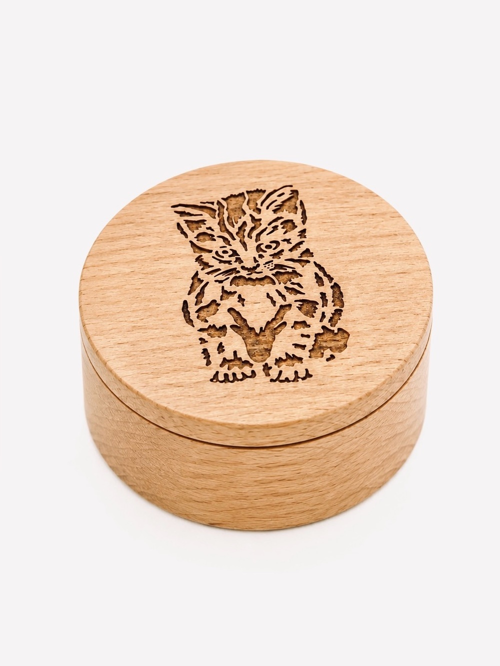 NEW Small Handcrafted Wooden Jewelry Box Circle Cat Kitten Trinket Box Jewelry